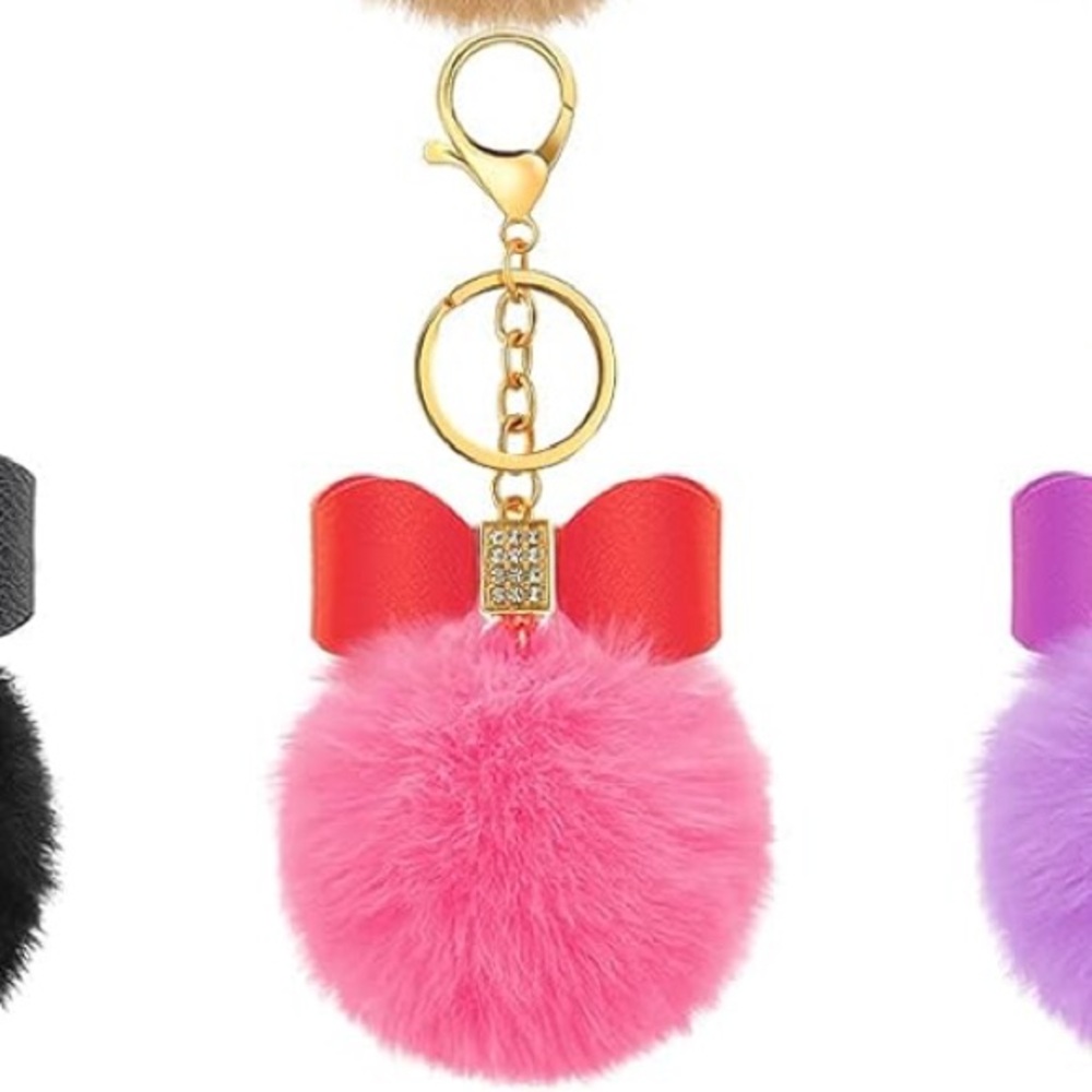 Pink Bow Keychain with Pink Fluffy Pom Pom